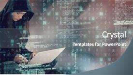  Presentation with hacker - Presentation design featuring crime women - serious female hacker using laptop background and a gray colored foreground