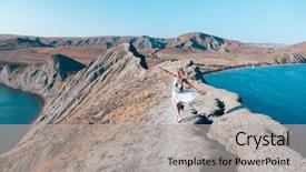  Presentation with mountain top - Presentation theme featuring crimea - girl walking on the mountain background and a light gray colored foreground
