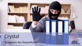  Presentation with corporate - PPT theme consisting of criminal businessman wearing balaclava background and a light blue colored foreground