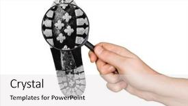  Presentation with shoe - Colorful theme enhanced with criminal investigation - magnifying glass in hand backdrop and a light gray colored foreground