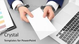  Presentation with bribe - Presentation having criminal justice technology - businessman in handcuffs holding envelope background and a light gray colored foreground