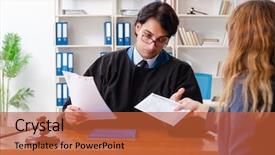  Presentation with young man and a woman - Slide deck having criminal penalties - young woman visiting male lawyer background and a red colored foreground