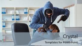  Presentation with office - Beautiful presentation featuring criminal taking businesswoman as hostage backdrop and a light blue colored foreground