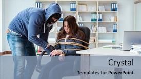  Presentation with juvenile criminal justice - Slide set featuring criminal taking businesswoman as hostage background and a seafoam green colored foreground