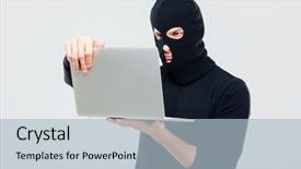 Presentation with laptop - Theme consisting of criminal young man in balaclava background and a light blue colored foreground