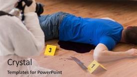  Presentation with crime victim - Amazing slide deck having criminalistics - murder investigation forensic examination backdrop and a coral colored foreground