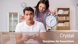  Presentation with computer games - Slide set consisting of crisis clock - young family suffering from computer background and a coral colored foreground