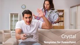  Presentation with computer games - Audience pleasing slide set consisting of crisis clock - young family suffering from computer backdrop and a coral colored foreground