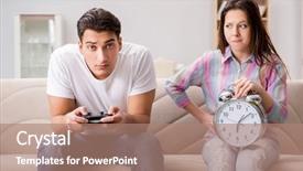  Presentation with computer games - Beautiful PPT theme featuring crisis clock - young family suffering from computer backdrop and a coral colored foreground