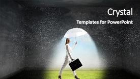  Presentation with umbrella - PPT theme having crisis free - businesswoman with white umbrella mixed background and a dark gray colored foreground