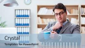  Presentation with office fruit - Theme having crisis intervention - businessman with dominoes background and a  colored foreground