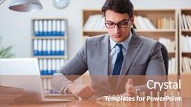  Presentation with women in office - Presentation theme with crisis intervention - businessman with dominoes background and a  colored foreground