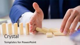  Presentation with domino - Amazing slide deck having crisis intervention - young businessman playing with domino backdrop and a  colored foreground