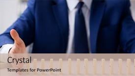  Presentation with domino - PPT theme having crisis intervention - young businessman playing with domino background and a  colored foreground