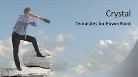  Presentation with telescope - Presentation theme having crisis leadership - businessman looks through a telescope background and a light blue colored foreground