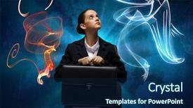  Presentation with upset - Beautiful theme featuring crisis manegment - upset businesswoman sitting on chair backdrop and a navy blue colored foreground