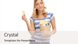  Presentation with crisp - Theme enhanced with crisp - joyful young woman eating potato background and a white colored foreground