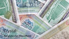 Presentation with bank - Audience pleasing theme consisting of currency collection various foreign - myanmar kyats bank notes background backdrop and a light blue colored foreground