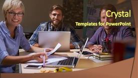  Presentation with late - Slide set consisting of three businesspeople having late meeting background and a tawny brown colored foreground