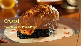  Presentation with crisp - Beautiful slide set featuring crisp salmon steak with black risotto and cream sauce backdrop and a tawny brown colored foreground