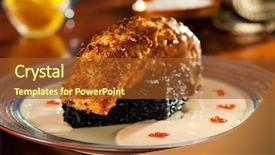  Presentation with crisp - Beautiful presentation design featuring crisp salmon steak with black risotto and cream sauce backdrop and a tawny brown colored foreground