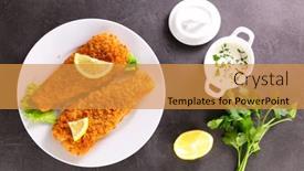  Presentation with sauce - Beautiful slide deck featuring crispy-breaded-fish-and-sauce backdrop and a gold colored foreground