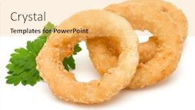 Presentation with deep - Theme featuring crispy deep fried onion or calamari ring isolated on white background background and a yellow colored foreground
