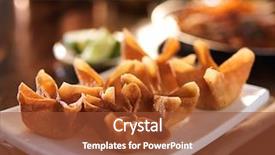  Presentation with appetizer - Amazing PPT theme having crispy fried crab rangoon appetizer backdrop and a red colored foreground