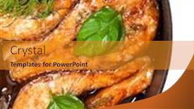  Presentation with grilled - PPT theme with crispy grilled salmon steak with lemon and basil background and a gold colored foreground