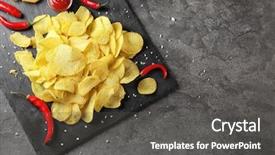  Presentation with food potato spicy chips crisps snacks - Theme consisting of crispy potato chips with chili background and a dark gray colored foreground