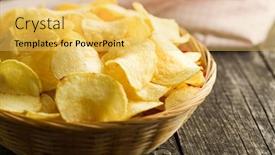  Presentation with potato chips - Slides having crispy potato chips in a wicker bowl on old kitchen table background and a yellow colored foreground