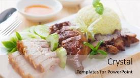  Presentation with dining table - Beautiful PPT theme featuring crispy siu yuk and char backdrop and a coral colored foreground