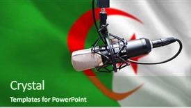  Presentation with microphone - Amazing PPT theme having criss cross - condenser microphone against digitally generated backdrop and a forest green colored foreground