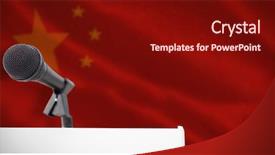  Presentation with microphone - Slide set consisting of criss cross - microphone on podium against close-up background and a wine colored foreground