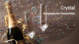  Presentation with two glasses of champagne - Theme enhanced with cristmas - photo of two wineglasses bottle background and a tawny brown colored foreground