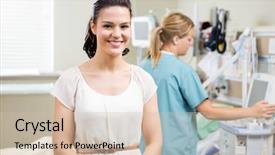  Presentation with working woman - Slide set having critical care - beautiful woman with nurse working background and a soft green colored foreground