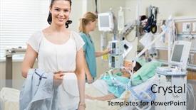  Presentation with nurse care - Presentation theme enhanced with critical care - portrait of happy young woman background and a light blue colored foreground