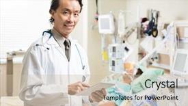  Presentation with digital hospital - Beautiful PPT layouts featuring critical care - portrait of smiling doctor backdrop and a soft green colored foreground