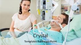  Presentation with hospital bed - Beautiful theme featuring critical care - woman looking at young patient backdrop and a light blue colored foreground