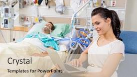  Presentation with moving patient to hospital bed - Audience pleasing slide set consisting of critical care - young woman using laptop while backdrop and a lemonade colored foreground