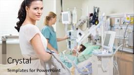  Presentation with male nurse - Amazing PPT theme having critical care monitoring - portrait of beautiful woman backdrop and a soft green colored foreground