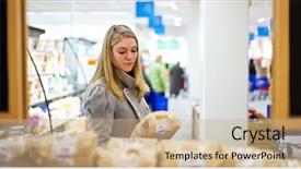  Presentation with supermarkets - Presentation theme having critical health - young woman examining a loaf background and a  colored foreground