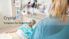  Presentation with patient care - Beautiful slide deck featuring critical male patient sleeping backdrop and a soft green colored foreground