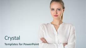  Presentation with gray - Presentation theme having critique - young woman in white shirt background and a  colored foreground