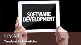  Presentation with crm - Colorful presentation enhanced with crm system - tablet pc with text software backdrop and a tawny brown colored foreground