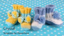  Presentation with crocheted - Colorful slide set enhanced with crocheted booties for baby on color background backdrop and a light blue colored foreground
