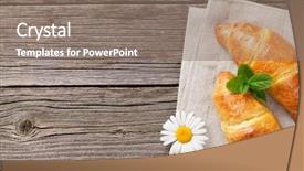  Presentation with chamomile - Audience pleasing slide deck consisting of croissants and chamomile flower on wooden table top view with copy space breakfast concept backdrop and a gray colored foreground