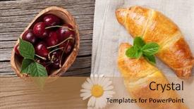  Presentation with chamomile - Slide deck enhanced with croissants cherry and chamomile flower on wooden table top view breakfast concept background and a coral colored foreground