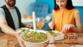  Presentation with white green - Colorful presentation theme enhanced with crop close-up hand passing backdrop and a coral colored foreground