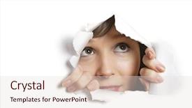  Presentation with rip paper - Audience pleasing theme consisting of crop damage - young caucasian woman peeking backdrop and a lemonade colored foreground